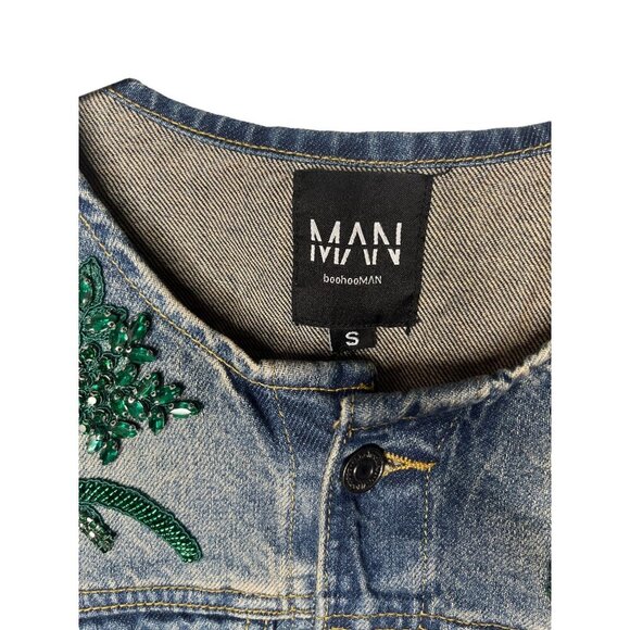BoohooMAN Men's Embellished King Denim Jacket S Blue & Green Beaded Embroidery S - Picture 4 of 8